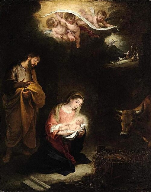 The Nativity with the Annunciation to the Shepherds beyond, 1675, Bartolomé Esteban Murillo