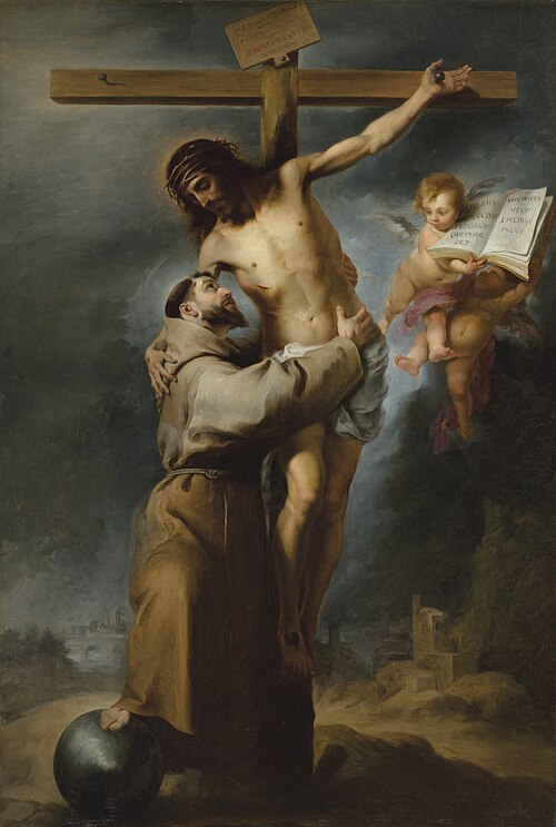 Saint François d'Assise embrassant le Christ crucifié, 1668, Bartolomé Esteban Murillo