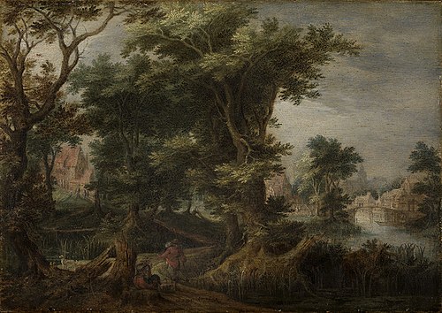 Forest landscape with resting farmers, 1609, Gijsbert d'Hondecoeter
