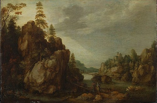 A Mountainous River Landscape with Tobias and the Angel, 1618, Gillis d'Hondecoeter