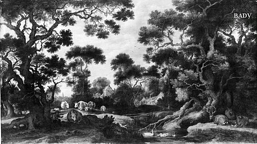 Baumlandschaft mit Vieh und Wild, 1595, Gillis d'Hondecoeter