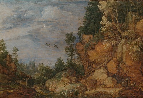 Paysage rocheux avec des cerfs et des chèvres, 1620, Gillis d'Hondecoeter