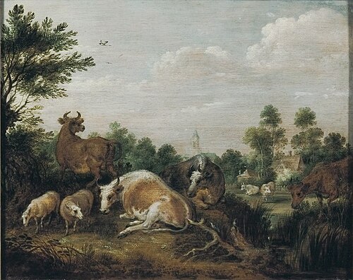 Cows and Sheep in a Landscape, 1625, Gillis d'Hondecoeter