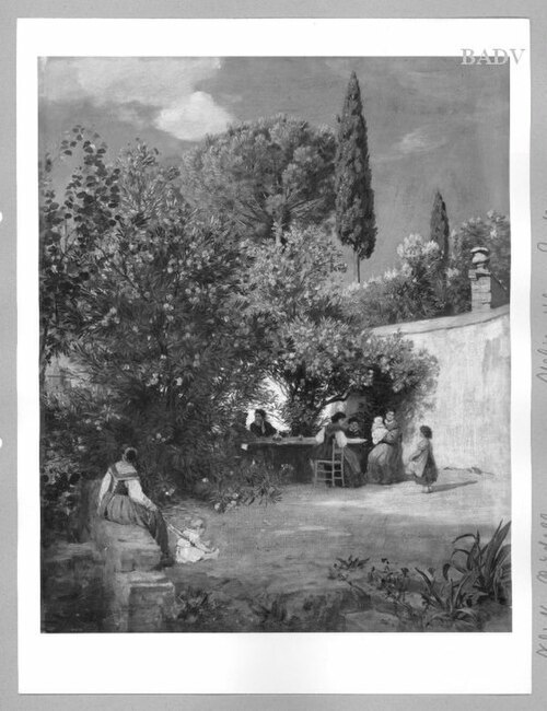 Garten mit Gesellschaft unter blühenden Oleanderbäumen, 1865, Rudolf Schick