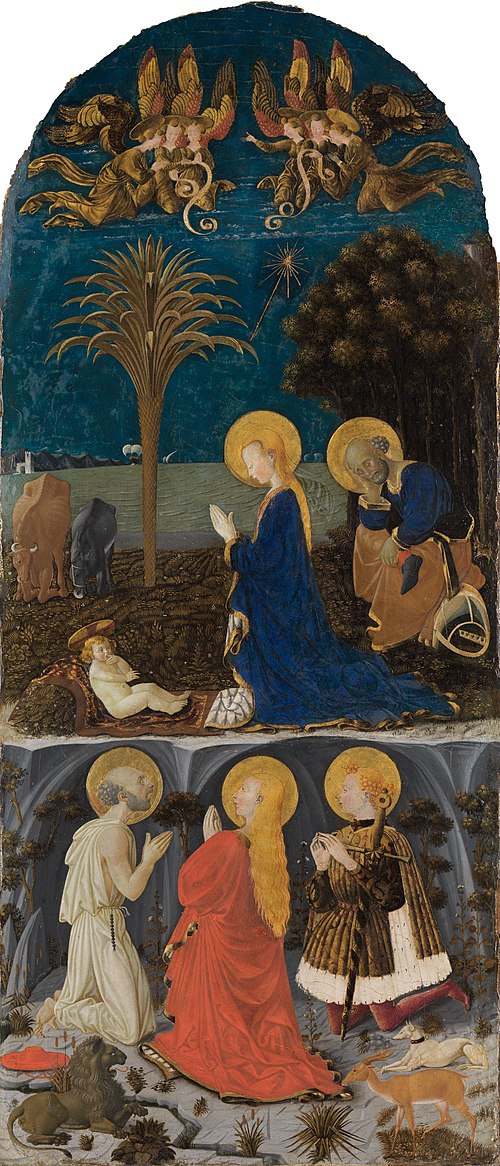 Adoration of the Child with Saints Jerome, Mary Magdalene, Eustace and Julian, 1436, Paolo Uccello