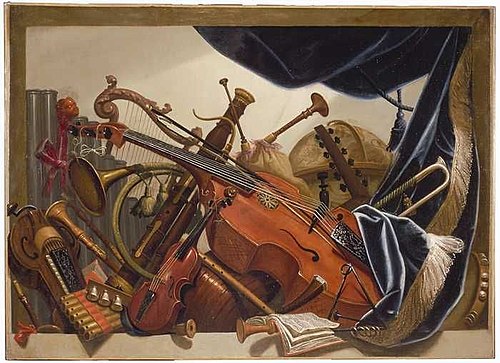 Trofee van muziekinstrumenten en globe, , Elias van Nijmegen