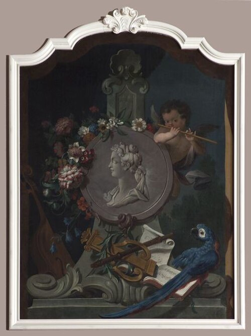 Portret van een vrouw in een setting met muziekinstrumenten, , Elias van Nijmegen