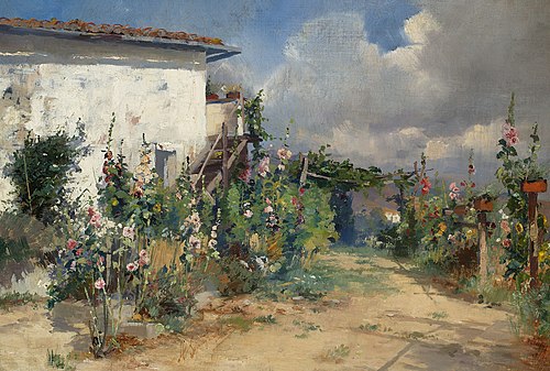 House with hollyhocks in the garden, 1885, Henryk Siemiradzki