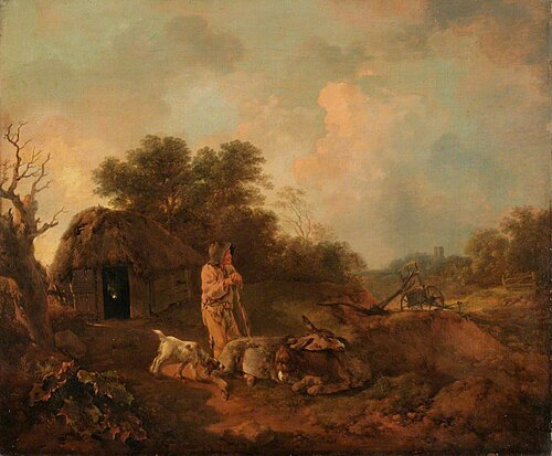 Wooded Landscape with Old Peasant and Donkeys outside a Barn, Ploughshare and Distant Church, 1756, Thomas Gainsborough