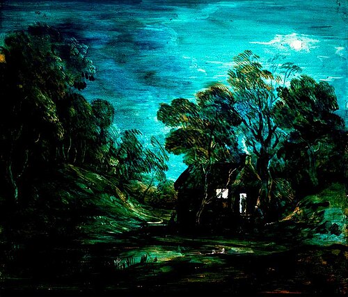 Wooded Moonlight Landscape with a Pool and a Figure at the Door of a Cottage, 1781, Thomas Gainsborough