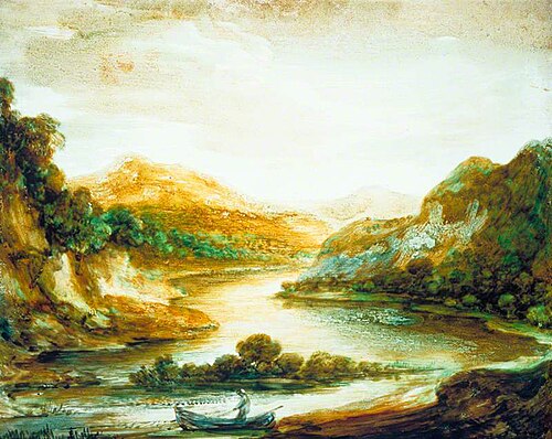 Wooded River Landscape with a Fisherman in a Rowing Boat, High Banks and Distant Mountains, 1783, Thomas Gainsborough