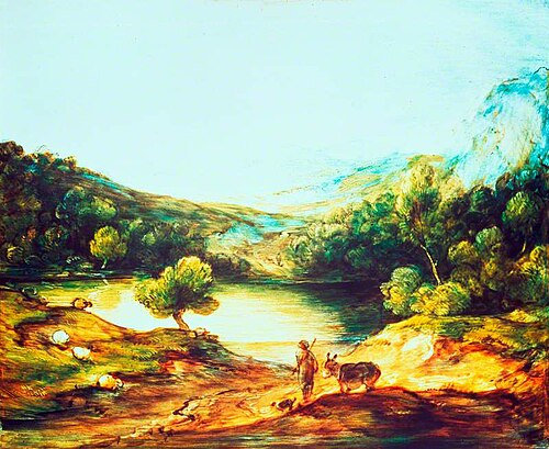 Wooded Upland Landscape with a Shepherd, a Donkey and Scattered Sheep, a Lake and a Distant Village , 1786, Thomas Gainsborough