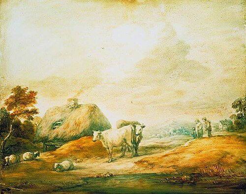 Open Landscape with Peasants, Cows, Sheep, Cottages and a Pool, 1786, Thomas Gainsborough