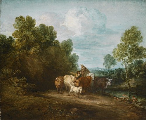 Wooded Rocky Landscape with Mounted Peasant, Drover and Cattle, and Distant Building, , Thomas Gainsborough
