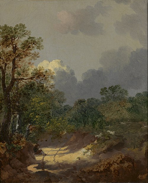 Wooded landscape with resting shepherd at a sunny road with sheep, 1745, Thomas Gainsborough
