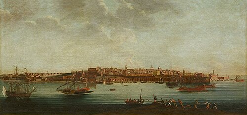 Valletta from Castel St. Angelo with the galleys of the Order and small craft alongside the barriera, , Alberto Pullicino