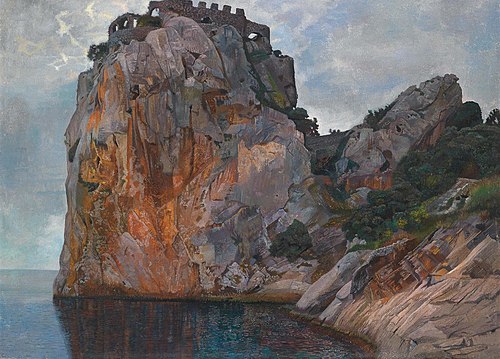 Burgruine auf Felsen (Die Hohenstaufenburg, Duino), 1896, Karl Mediz