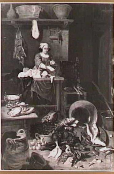 Keukenstilleven met een meid die vis bereidt, 1679, Jan van Buken