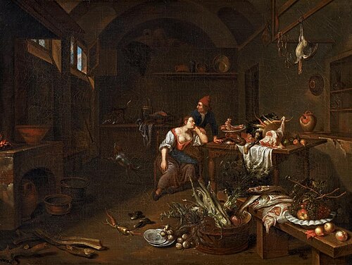 Kitchen interior with a sleeping maid, 1676, Jan van Buken