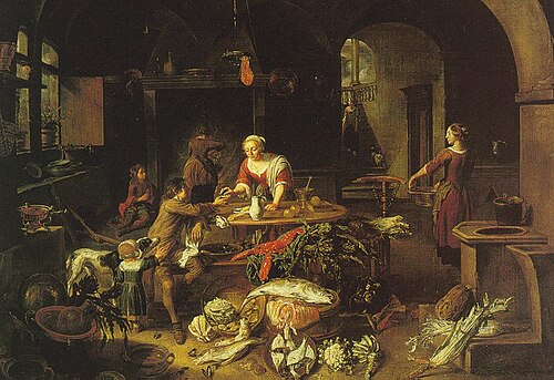A kitchen interior with a servant girl receiving mussels from a young man, 1676, Jan van Buken