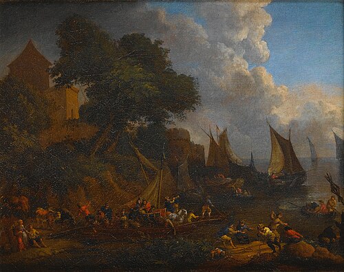 Harbour with figures loading their vessels, 1699, Lucas Smout II