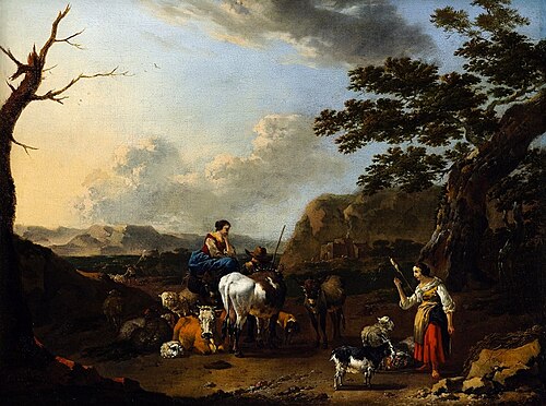 Paysage montagneux du sud avec les bergers, leur troupeau et une fileuse., 1650, Jan Frans Soolmaker