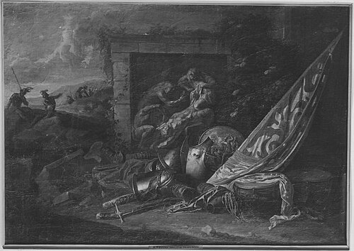 Still Life with weaponry and banner in a landscape, 1690, Jan Baptist Tijssens the Younger