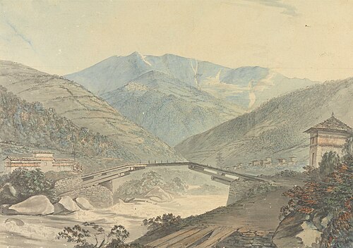 View near Tassisudon [Tashicho Dzong] in Bhutan, 1783, Samuel Davis