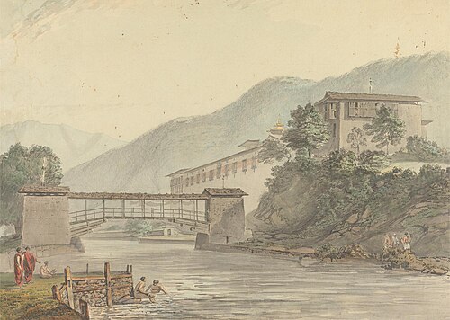 View of Tashichoedzong, Bhutan and Foot Bridge, 1783, Samuel Davis