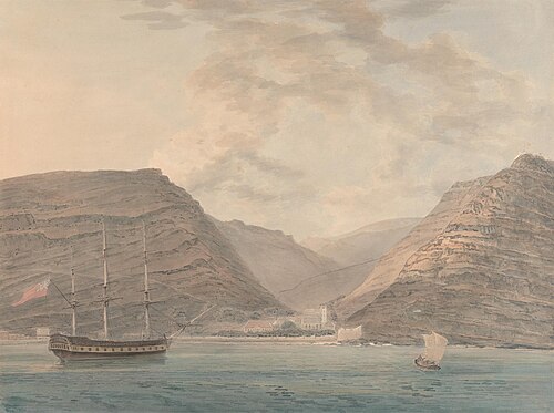 Man of War Moored in Harbor, Mountains in the Background, , Samuel Davis