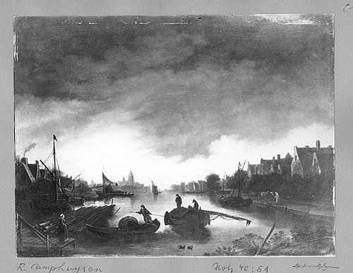 Town and river in moonlight, 1593, Dirk Rafaelsz Camphuysen