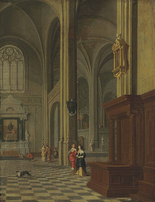 A gothic church interior with elegant figures, 1640, Gerard Houckgeest