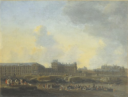 View of the Louvre and the Hôtel de Bourbon in Paris, seen from the left bank of the Seine, 1650, Reinier Nooms