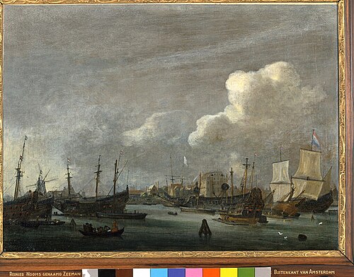 The Buitenkant in Amsterdam, seen from the IJ, with the old shipyard and the storage house of the VO, 1650, Reinier Nooms