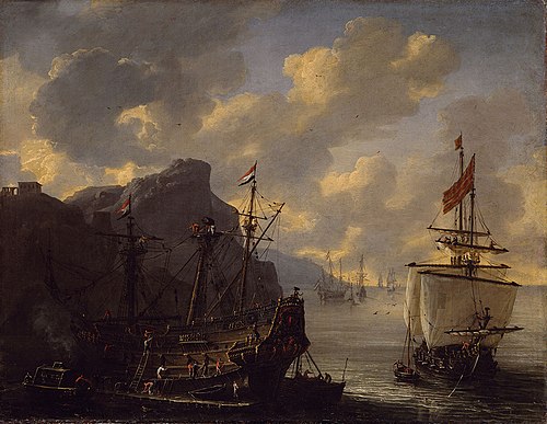 Een Amsterdams schip in een baai aan de Middellandse Zee, 1650, Reinier Nooms