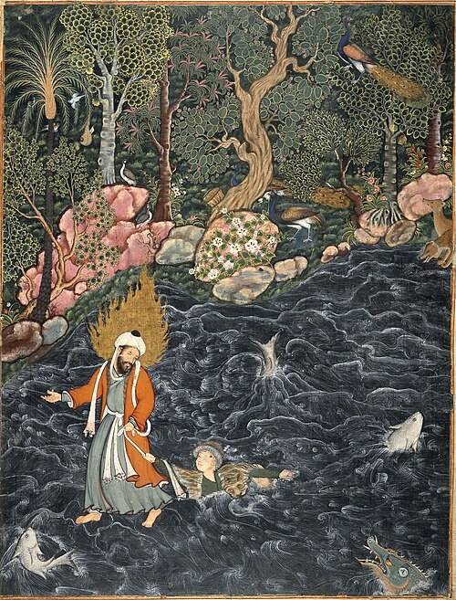 Elijah rescuing Prince Nur ad-Dahr from drowning in a river, 1570, Mir Sayyid Ali