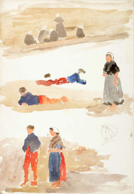 Costume Sketches, Terneuzen, Holland - Three Layers Of Figure Studies In Watercolour, With Pencil He, 1899, Louisa Starr