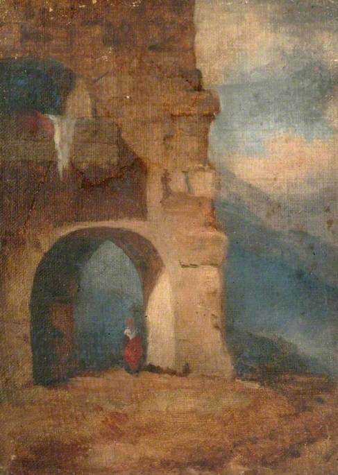 Italian peasant in stone archway., 1890, Louisa Starr