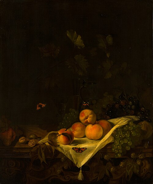 Nature morte aux pêches et aux raisins, 1680, Abraham van Calraet