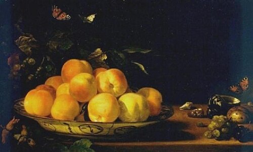 Peaches in a porcelain bowl, 1690, Abraham van Calraet