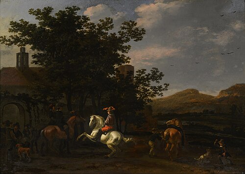 Riders near an inn, 1693, Abraham van Calraet