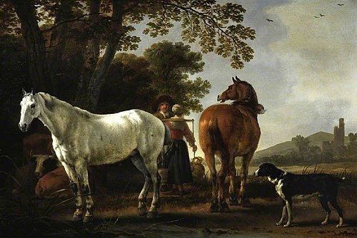Landscape with figures and horses, 1691, Abraham van Calraet