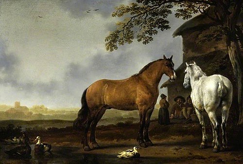 Landscape with figures and horses, , Abraham van Calraet