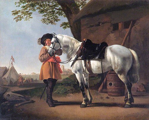 Landscape with a horse and a cavalier near a military camp, 1700, Abraham van Calraet