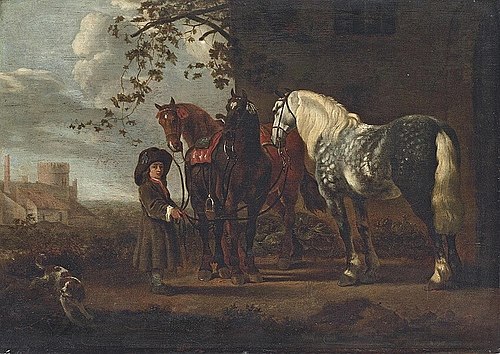 Boy Holding Three Horses, 1700, Abraham van Calraet