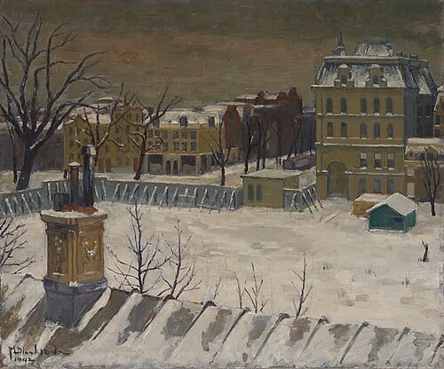 Gezicht op het terrein van het voormalige Paleis voor Volksvlijt, geschilderd vanuit atelier aan het, 1942, Meijer Bleekrode