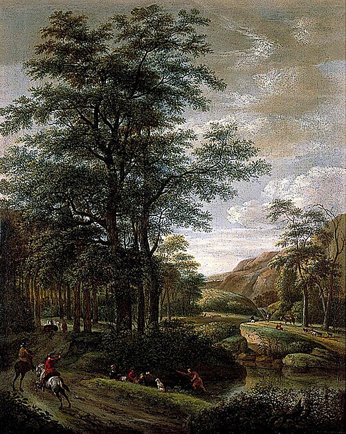 Landscape with Horsemen on a Path Entering a Wood, Figures waiting for a Ferry, Cattle and Sheep Bey, , Anthonie Waterloo
