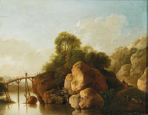 A river landscape with a rock and a traveller on a bridge, 1690, Anthonie Waterloo