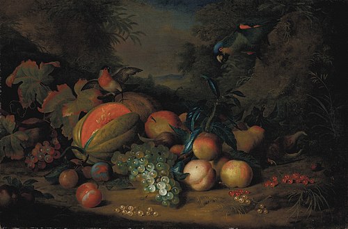 A split melon, peaches, plums, grapes, apples and currants with a parrot and a bullfinch, , Tobias Stranover