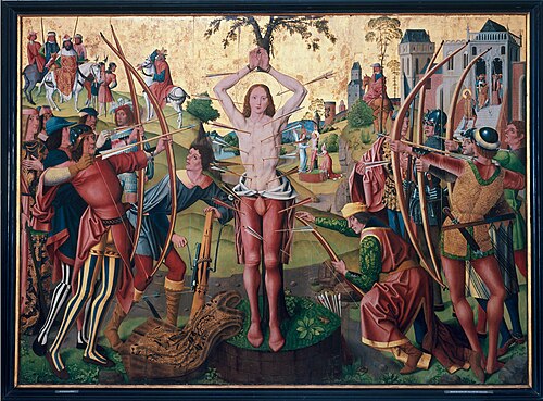 Sebastian-Altar: Die Marter des heiligen Sebastian, 1493, Maître de la Sainte Parenté le Jeune